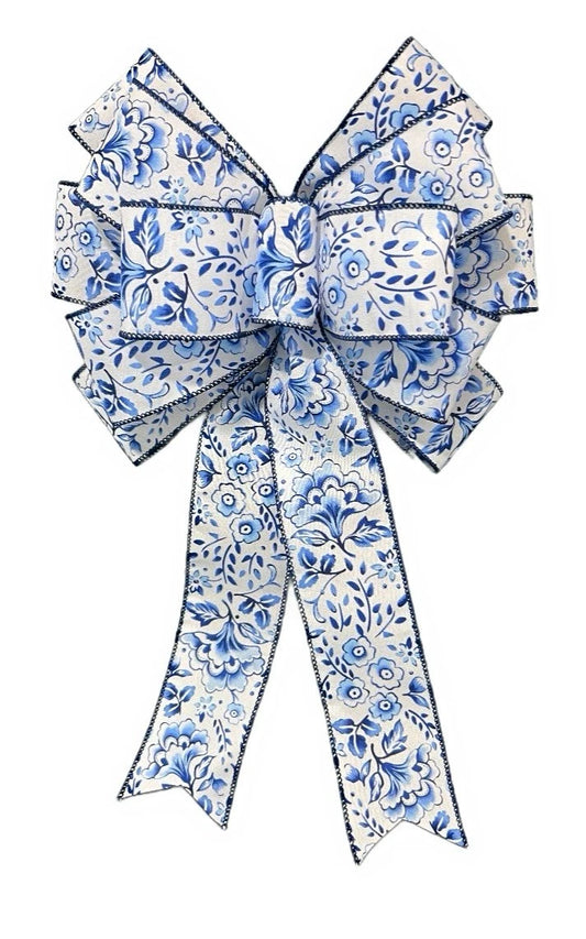 Handmade Large Blue & White Flower Pattern Bow for Wreath – 10 x 16 in.