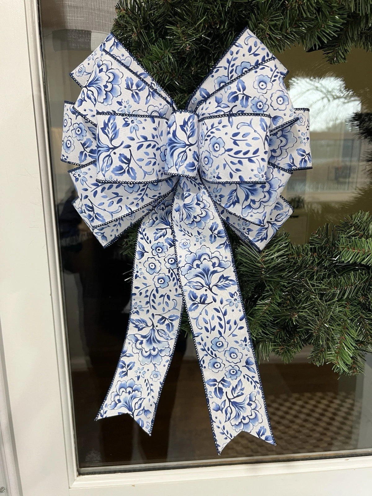 Handmade Large Blue & White Flower Pattern Bow for Wreath – 10 x 16 in.