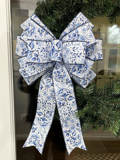 Handmade Large Blue & White Flower Pattern Bow for Wreath – 10 x 16 in.