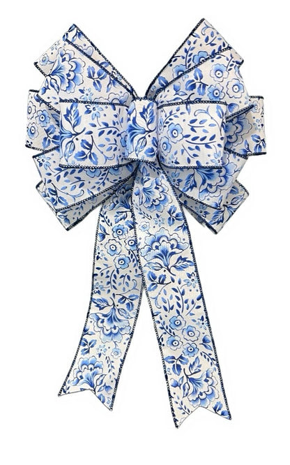 Handmade Large Blue & White Flower Pattern Bow for Wreath – 10 x 16 in.