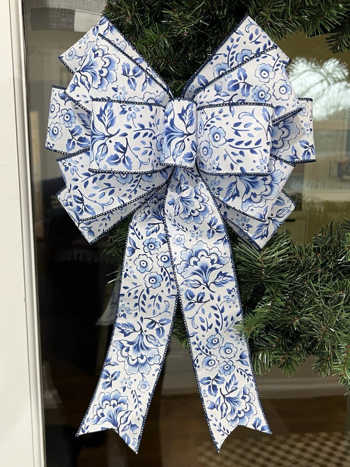 Handmade Large Blue & White Flower Pattern Bow for Wreath – 10 x 16 in.