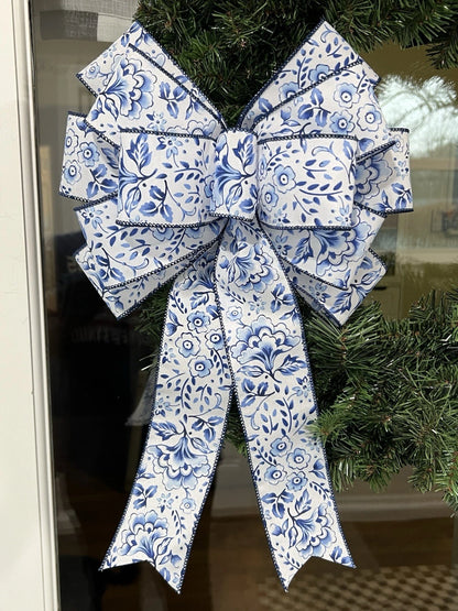 Handmade Large Blue & White Flower Pattern Bow for Wreath – 10 x 16 in.