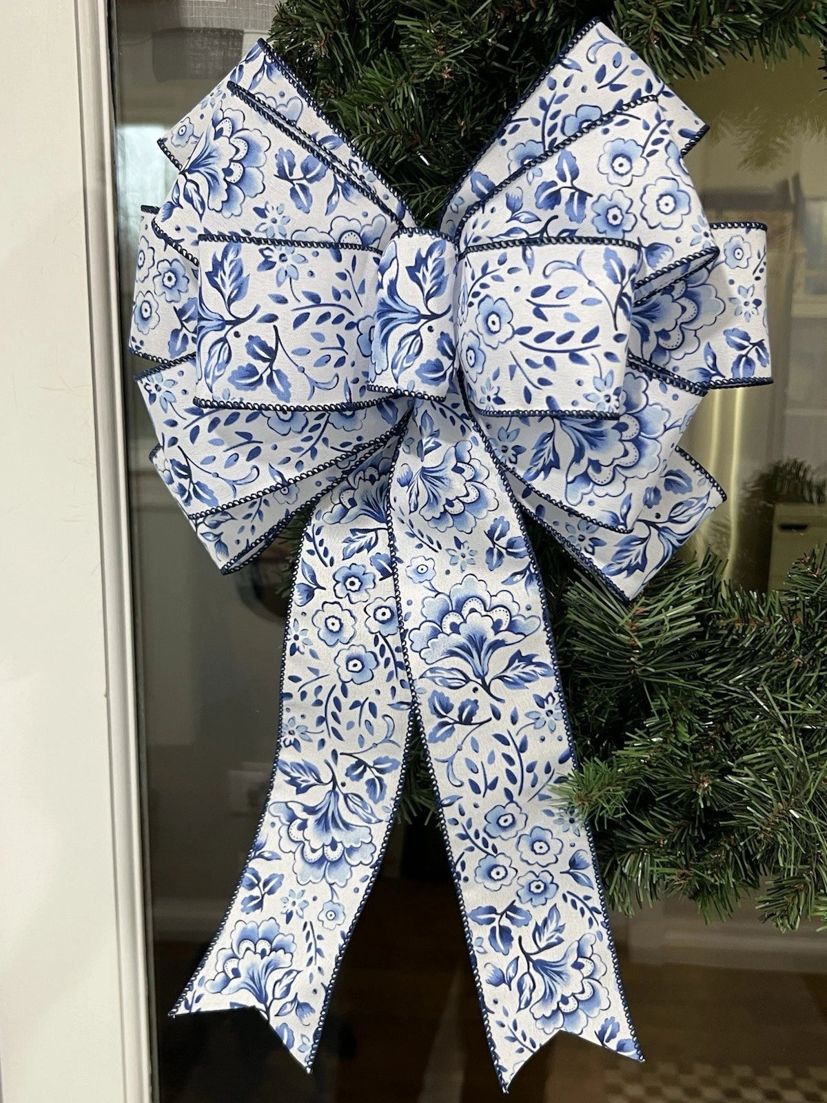 Handmade Large Blue & White Flower Pattern Bow for Wreath – 10 x 16 in.