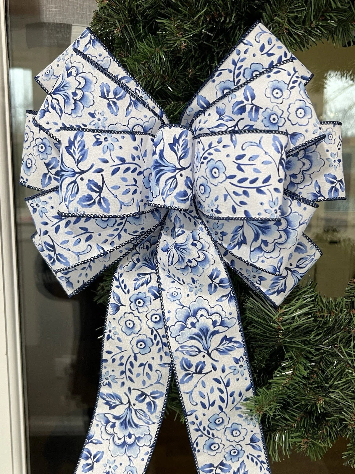 Handmade Large Blue & White Flower Pattern Bow for Wreath – 10 x 16 in.