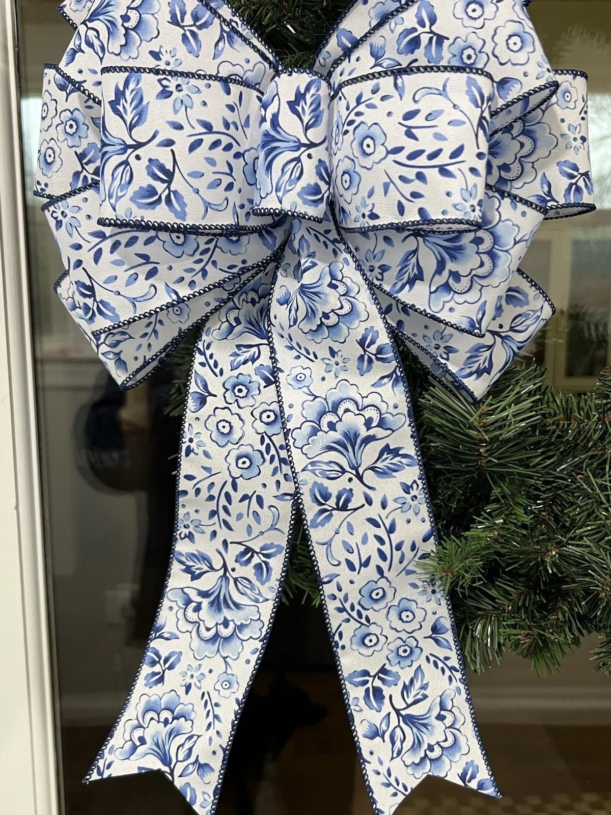 Handmade Large Blue & White Flower Pattern Bow for Wreath – 10 x 16 in.