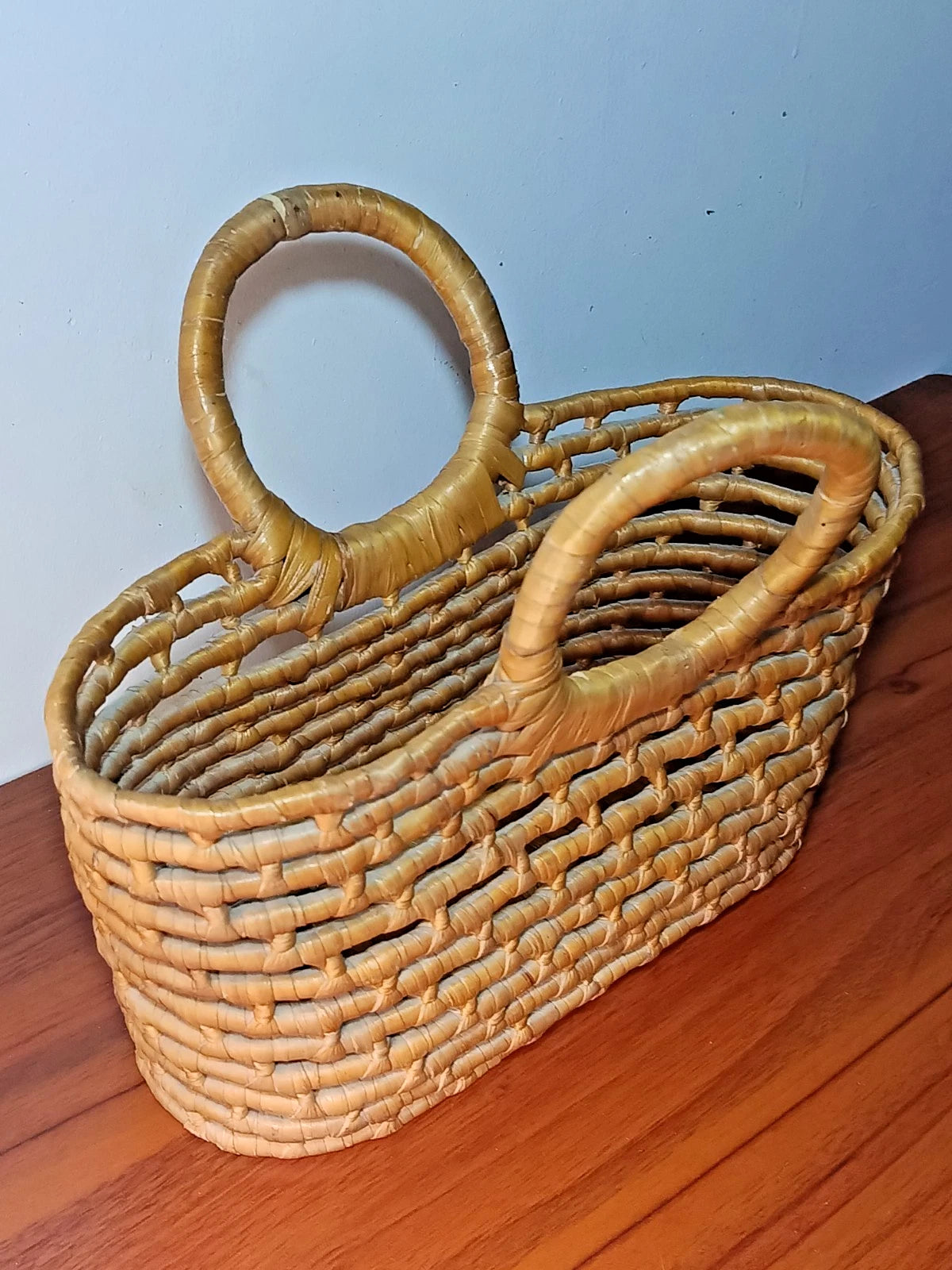 Handmade Vintage Natural Fiber Woven Weaved Top Handle Tote Bag
