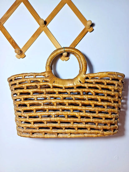 Handmade Vintage Natural Fiber Woven Weaved Top Handle Tote Bag