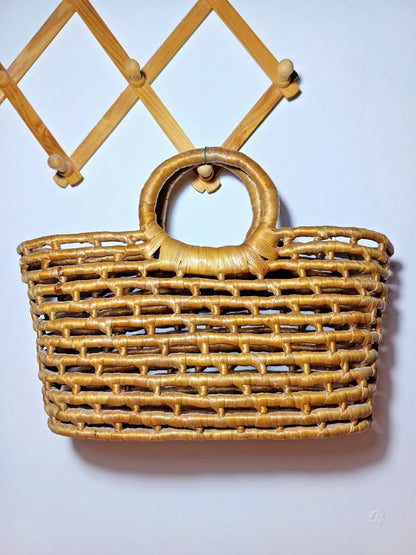 Handmade Vintage Natural Fiber Woven Weaved Top Handle Tote Bag