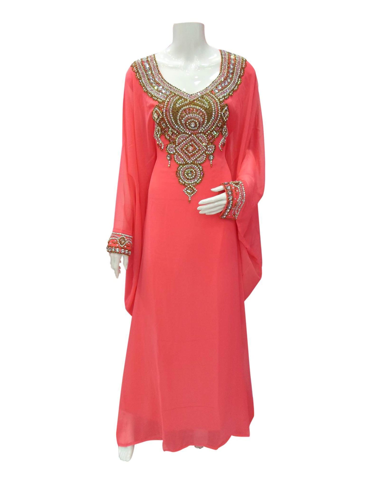 Women's Coral Kaftan Dress with Embellished Neckline — Size M
