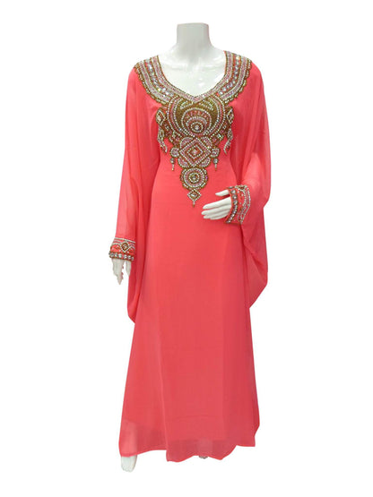 Women's Coral Kaftan Dress with Embellished Neckline — Size M