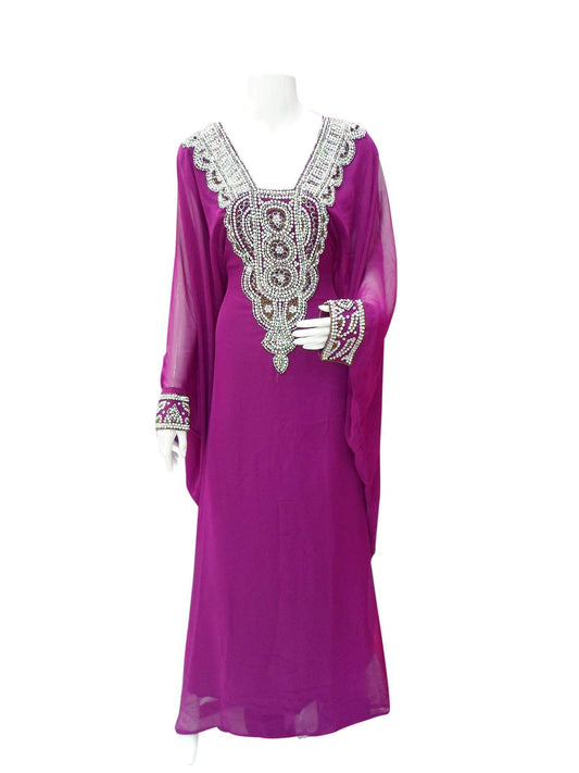 Women's Magenta Kaftan Dress with Silver Embellished Neckline — Size M