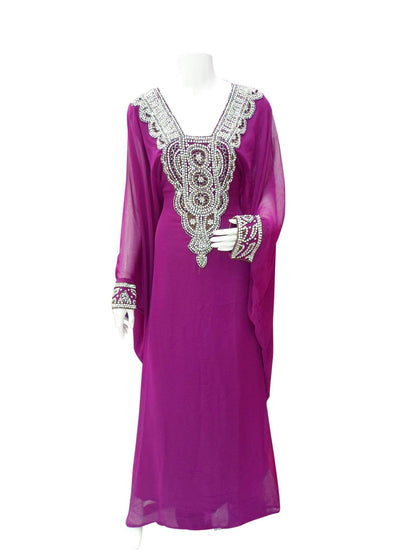 Women's Magenta Kaftan Dress with Silver Embellished Neckline — Size M