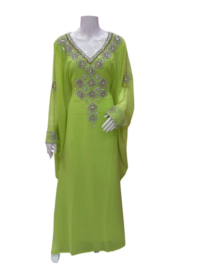 Women's Lime Green Kaftan Dress with Crystal Embellishment — Size M