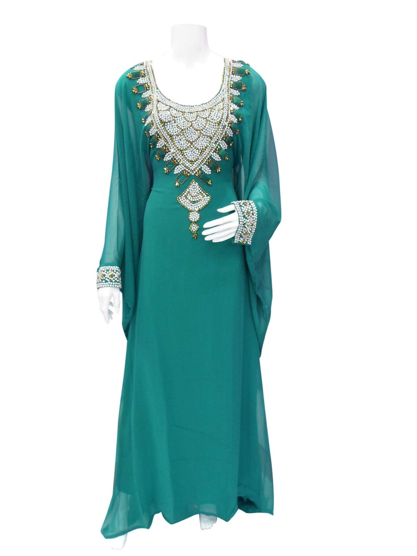 Women's Teal Kaftan Dress with Pearl and Crystal Embellished Neckline — Size M