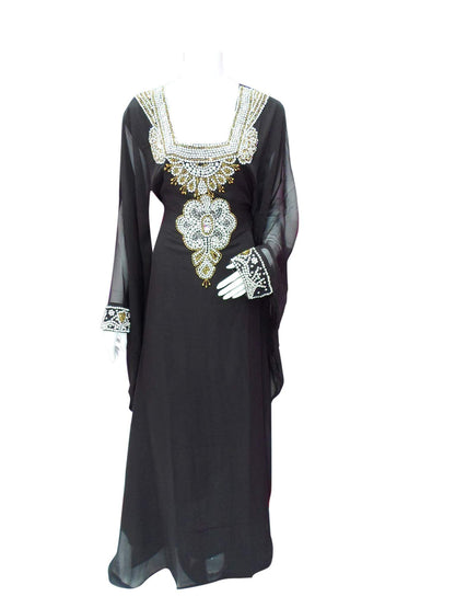 Women's Black Kaftan Dress with Pearl and Gold Embellished Neckline — Size M
