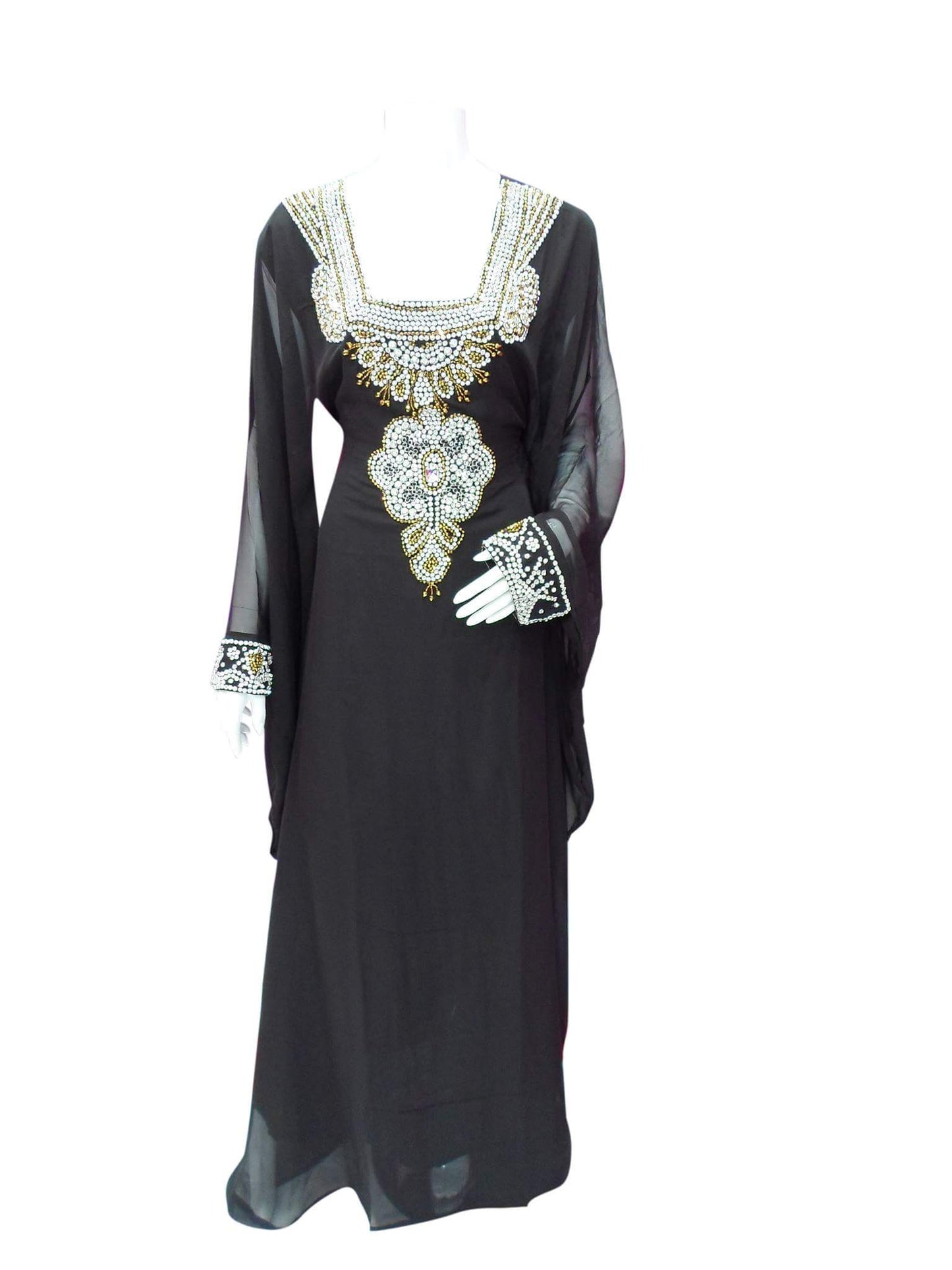 Women's Black Kaftan Dress with Pearl and Gold Embellished Neckline — Size M