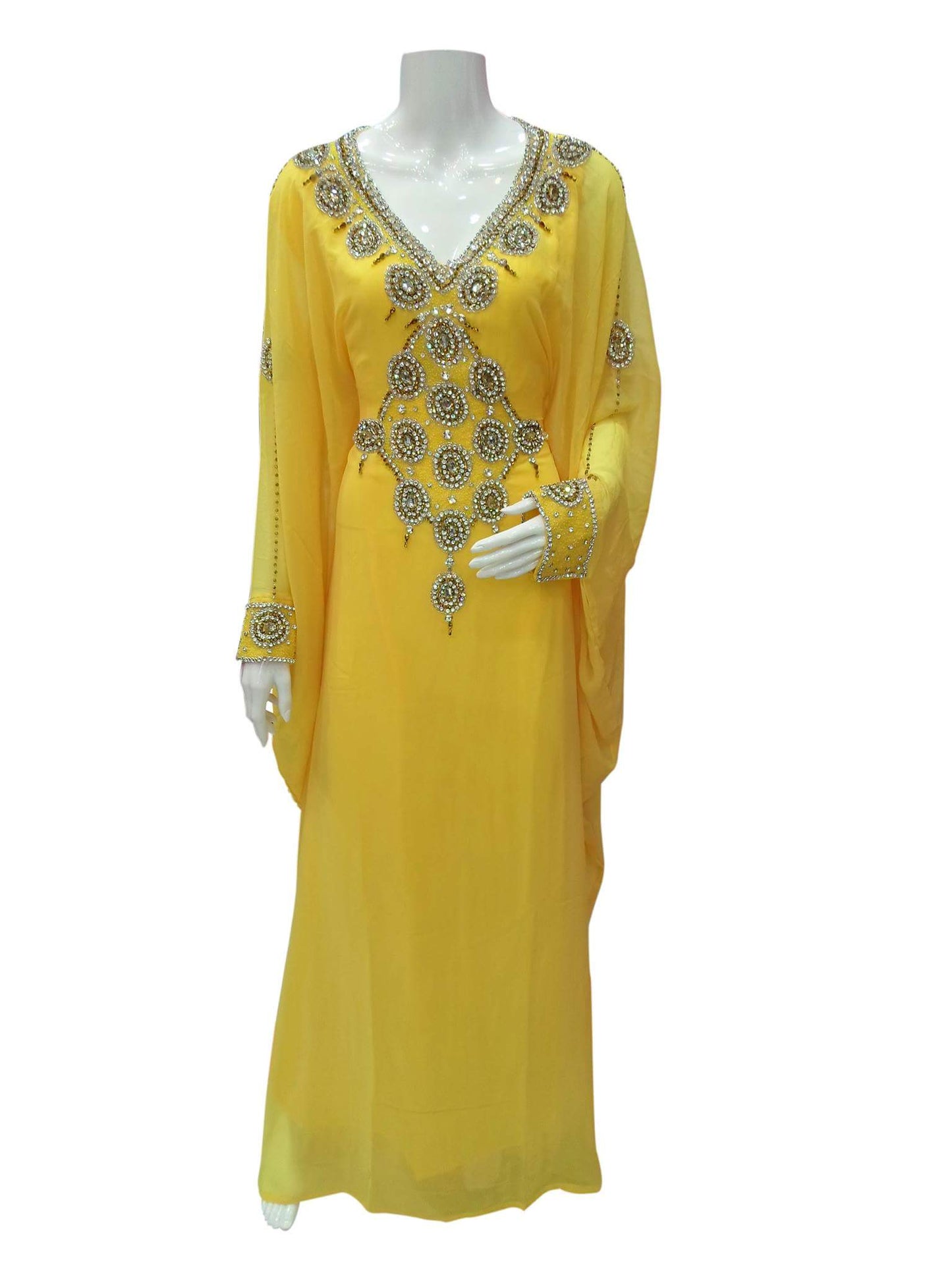 Women's Yellow Kaftan Dress with Gold Crystal Embellishment — Size M
