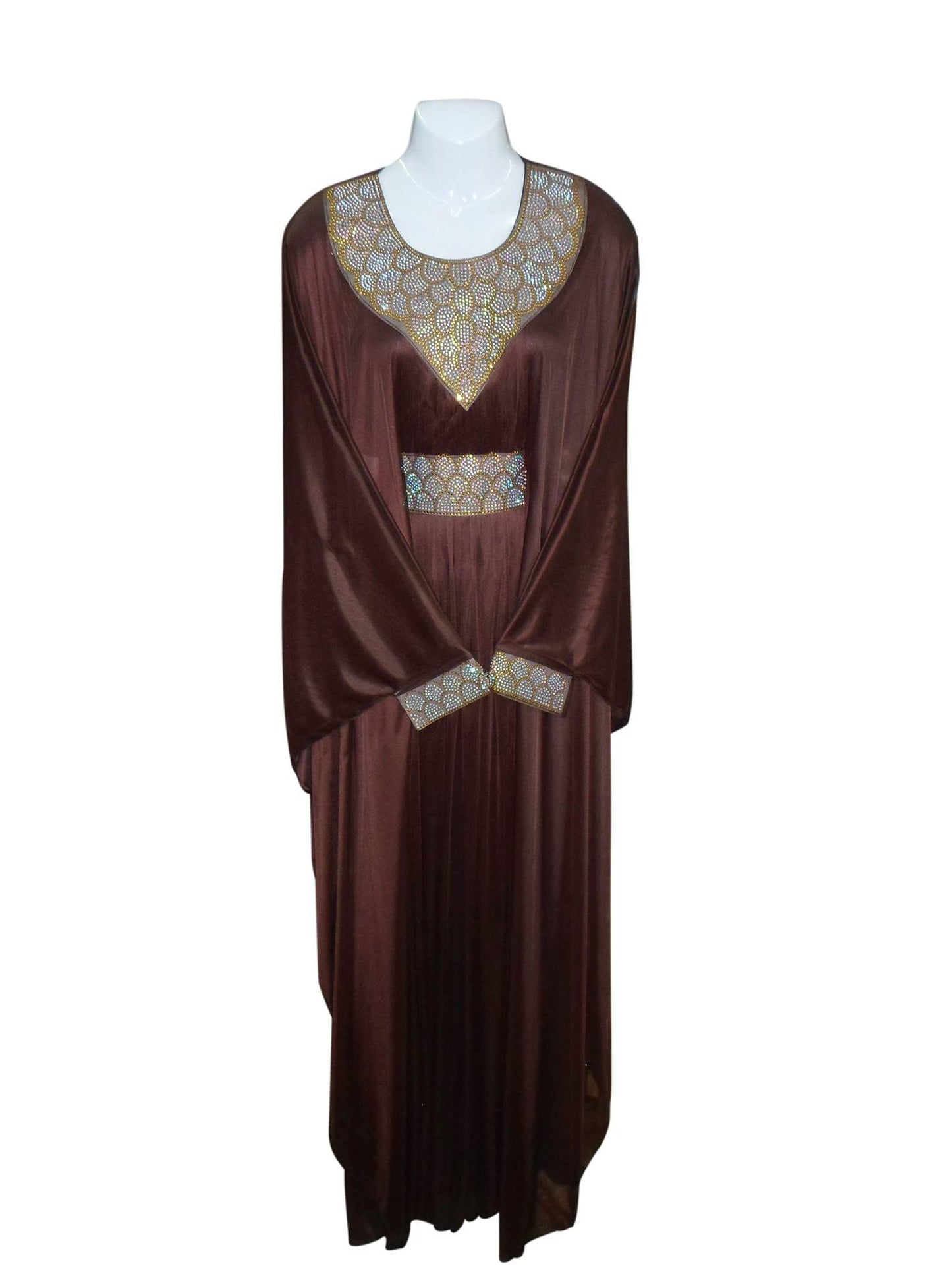 Women's Brown Satin Abaya with Gold Bead Embellished Neckline and Waist — Size M