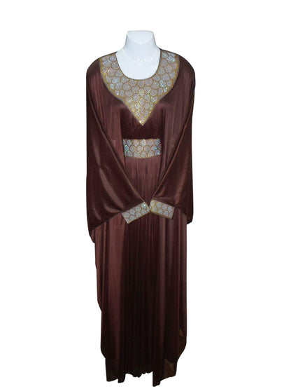 Women's Brown Satin Abaya with Gold Bead Embellished Neckline and Waist — Size M