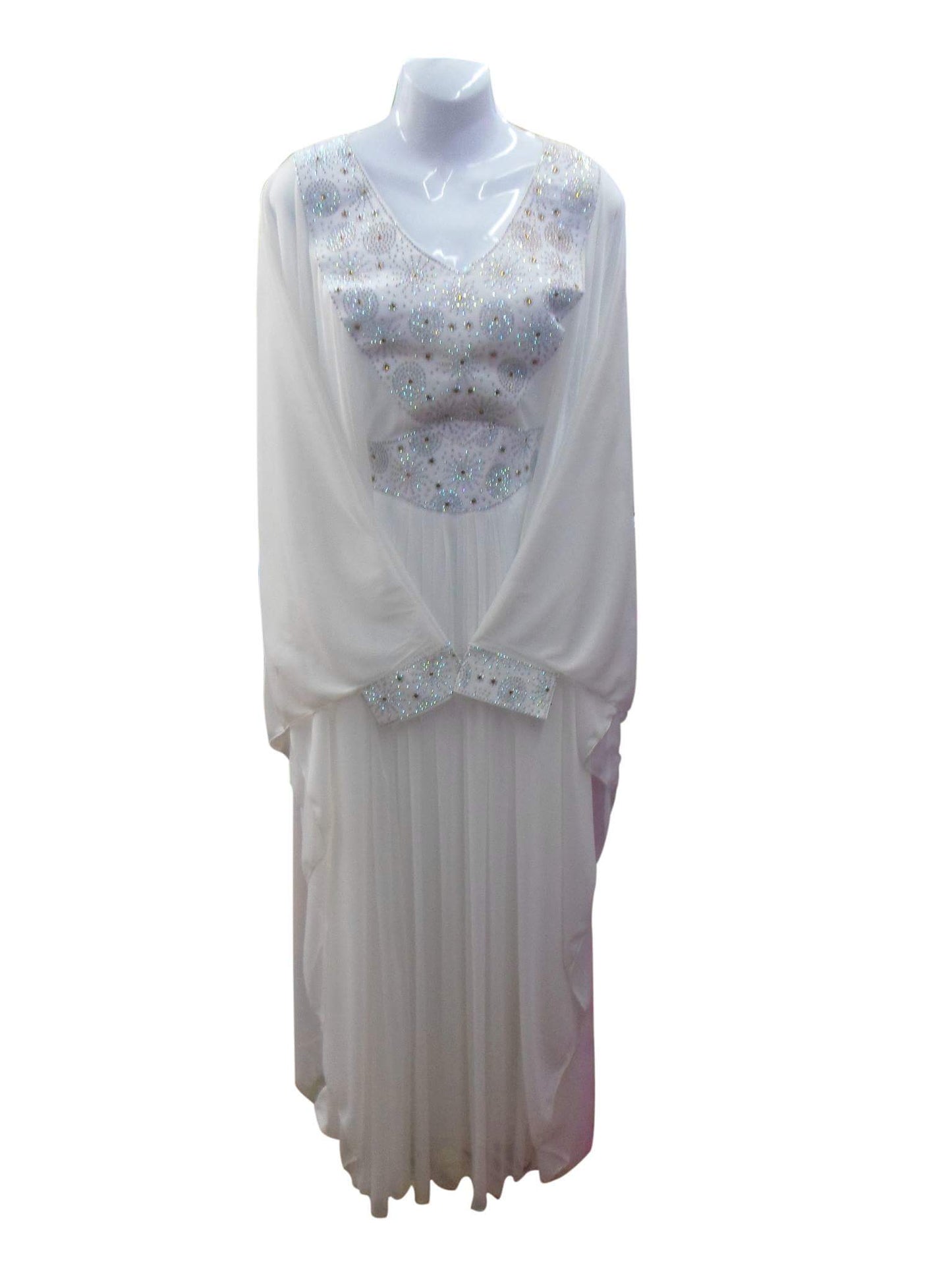 Women's White Chiffon Kaftan Dress with Silver Crystal Embellishment and Pleated Skirt — Size M