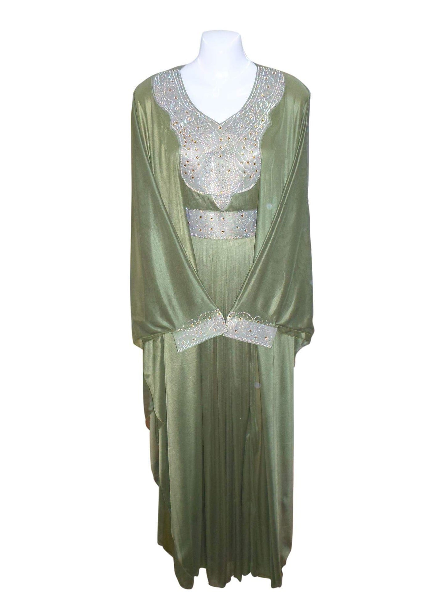 Women's Olive Green Satin Abaya with Silver Embellished Neckline and Waist — Size M