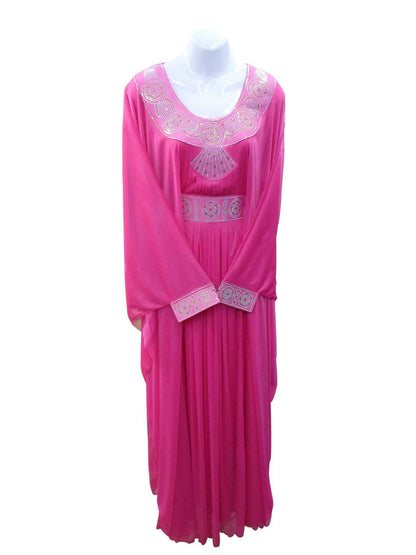 Women's Hot Pink Chiffon Abaya with Silver Crystal Embellishment and Pleated Skirt — Size M