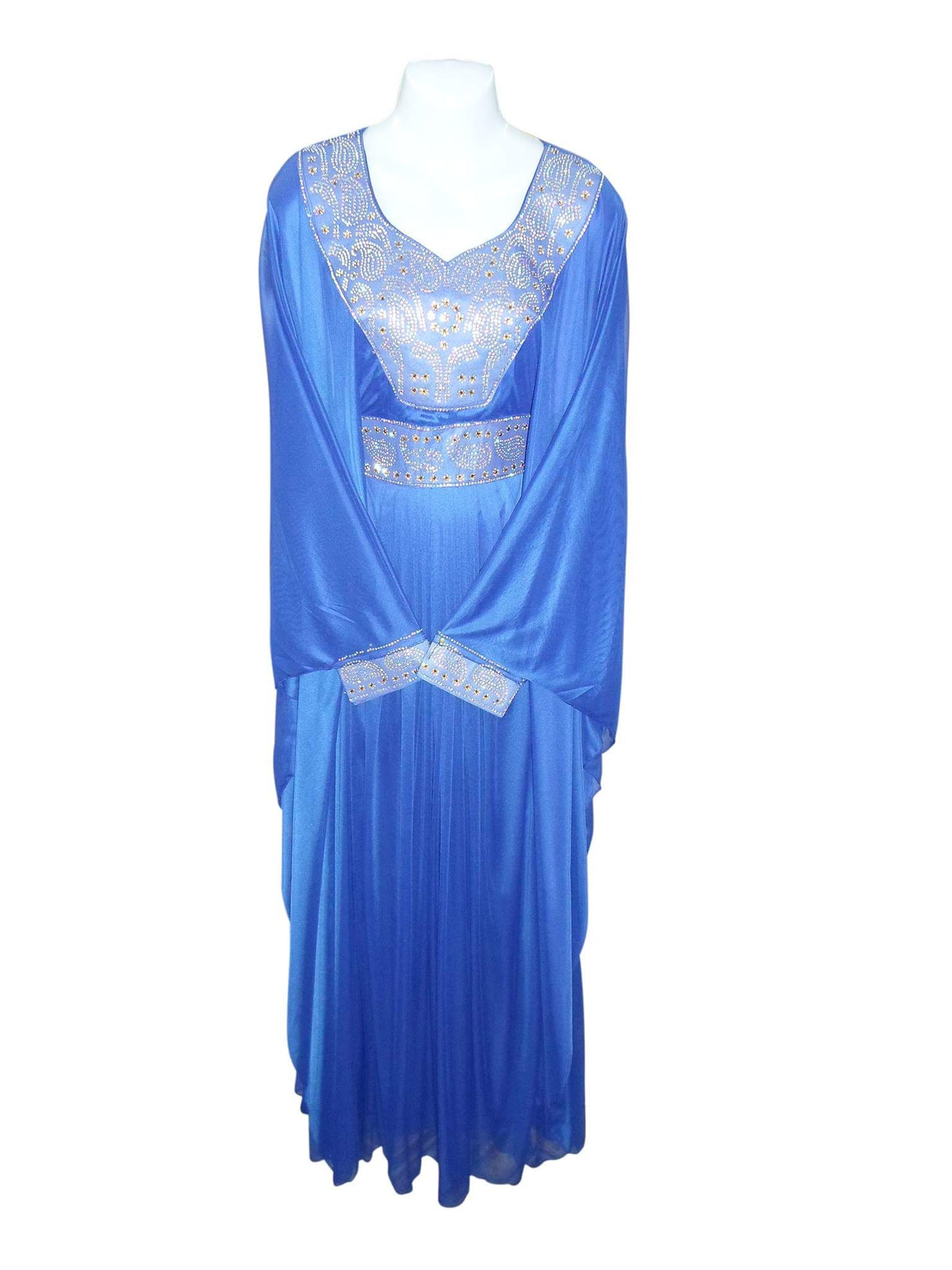 Women's Royal Blue Satin Abaya with Silver Crystal Embellishment and Pleated Skirt — Size M