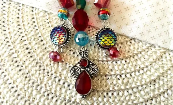 Picture of Handmade Beaded Purse Charm – Garnet Red & Rainbow Titanium Bag Accessory – One of a Kind Artisan Keychain