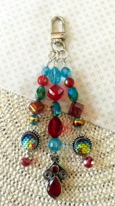 Picture of Handmade Beaded Purse Charm – Garnet Red & Rainbow Titanium Bag Accessory – One of a Kind Artisan Keychain