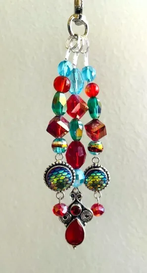 Picture of Handmade Beaded Purse Charm – Garnet Red & Rainbow Titanium Bag Accessory – One of a Kind Artisan Keychain