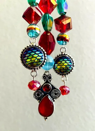 Picture of Handmade Beaded Purse Charm – Garnet Red & Rainbow Titanium Bag Accessory – One of a Kind Artisan Keychain