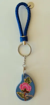 Picture of Handmade Korean Hanji Keychain – Traditional Paper Art Bag Charm – Blue Floral Wrist Strap Keyring