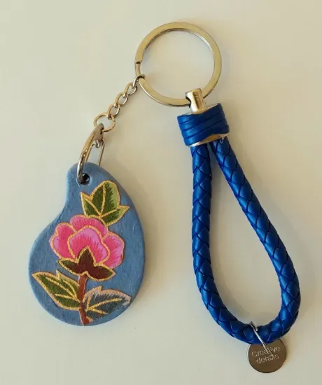 Picture of Handmade Korean Hanji Keychain – Traditional Paper Art Bag Charm – Blue Floral Wrist Strap Keyring