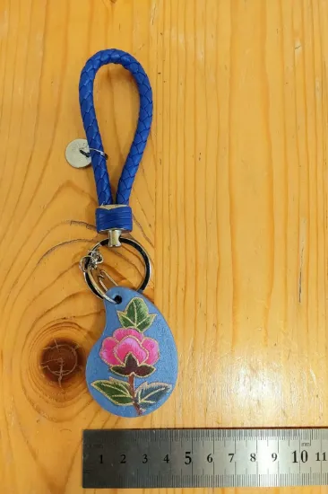 Picture of Handmade Korean Hanji Keychain – Traditional Paper Art Bag Charm – Blue Floral Wrist Strap Keyring