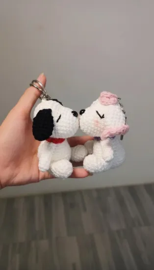 Picture of Handmade Crochet Snoopy & Fifi Plush Keychain -Cute Couple Bag Charm - Soft Amigurumi Key Ring