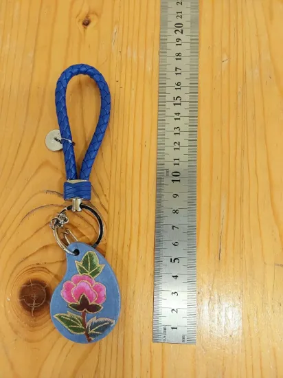 Picture of Handmade Korean Hanji Keychain - Traditional Paper Art Bag Charm - Blue Floral Wrist Strap Keyring